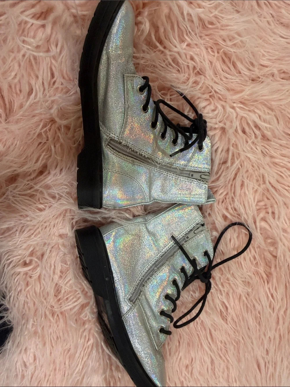 Holographic Lace-Up Combat Boots - Silver